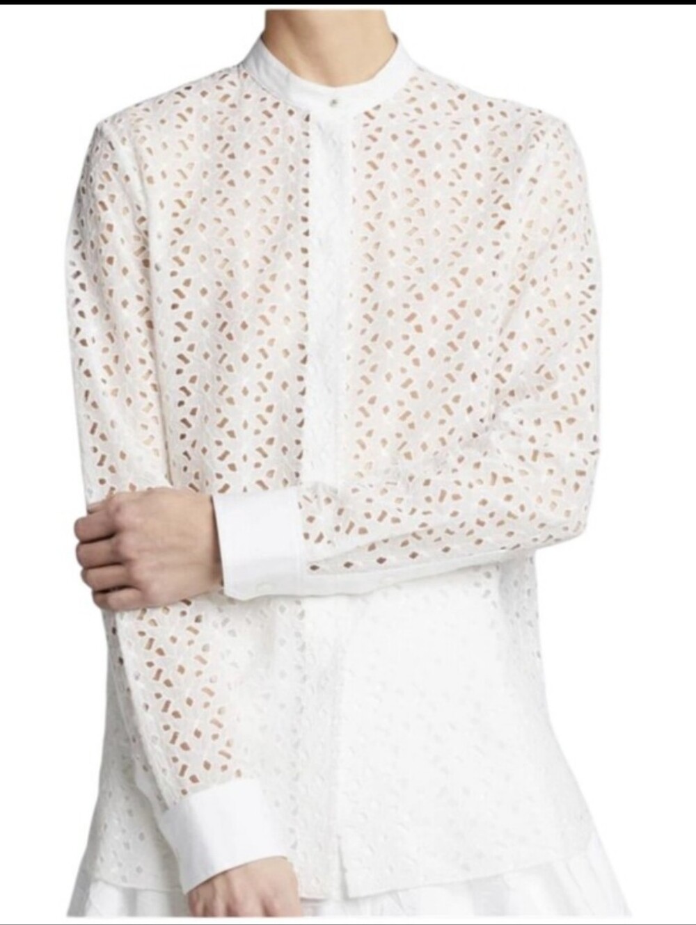 Theory White Eyelet Button-Down Mandarin Collar Blouse Cotton/ Silk Luxury Sz L - Picture 3 of 10